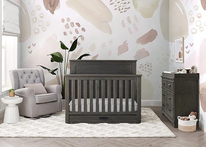 Delta Children Simmons Kids Caden 6-in-1 Convertible Crib with Trundle Drawer, Greenguard Gold Certified, Rustic Grey