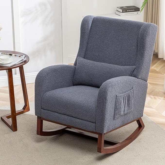 Rocking Chair Nursery,Teddy Nursery Rocking Chairs with Foot Rest, Sherpa Glider Rocker Nursing Chair with High Back for Nursing, Living Room, Bedroom, Dark Grey