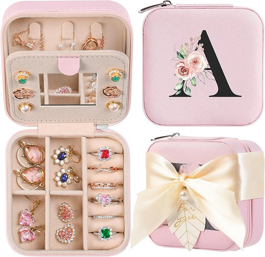 AYGXU Travel Jewelry Box for Women and Girls - Small Case With Initial A-Z - Teacher Gifts