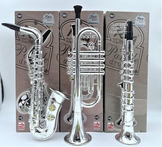 Toy Instruments Set Trumpet, Saxophone and Clarient with Standard Keys in Perfect Pitch are Easy and intuitive to Create Real Music. Instruments Measures 16 inches in Length.