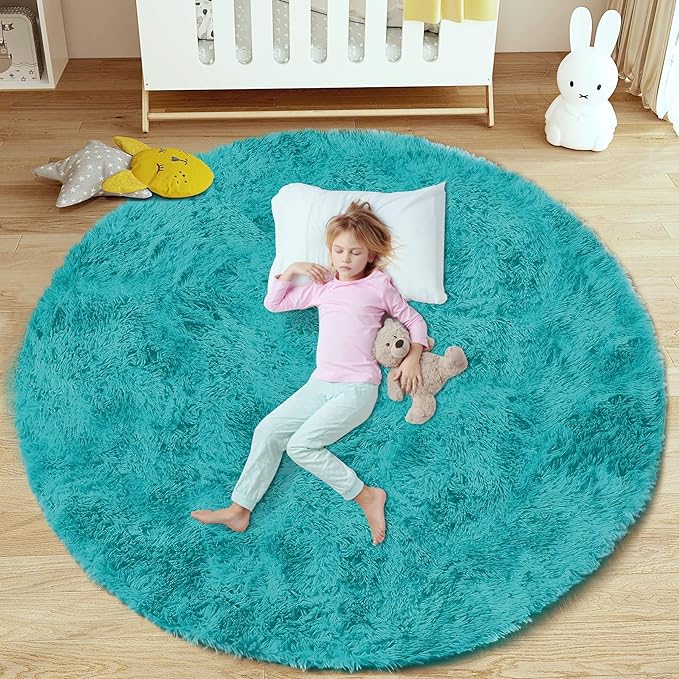 4FT Round Rug for Bedroom: Fluffy Shag Soft Washable Rugs Circle Small Fuzzy Plush Indoor Carpet for Living Room Nursery Playroom Dorm Kids Girls Boys Room (Teal Blue, 4'x4')