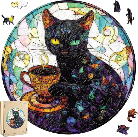 Wooden Puzzle for Adults, Black Cat Wooden Jigsaw Puzzles(16.5 * 16.5in-500pcs), Unique Animal Shape Wood Cut Puzzles Best Gift for Adults and Kids Family Game