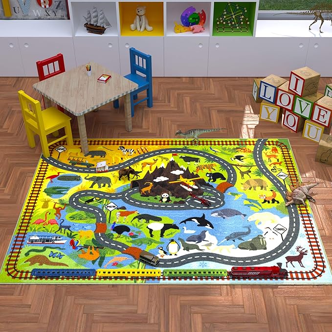 KC Cubs 5x7 Animal Safari Toy Car Road Rug – Educational Play Mat Carpet for Kids, Toddlers, Nursery, Classroom, Playroom, Baby Daycare, Boys & Girls