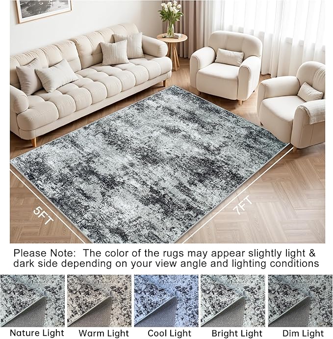 Area Rug Living Room Rugs: 5x7 Abstract Washable Rugs Ultra Soft Carpets with Non-Slip Backing Stain Resistant Carpet for Dining Room Table Bedroom Nursery Indoor Home Office Dark Black/Gray