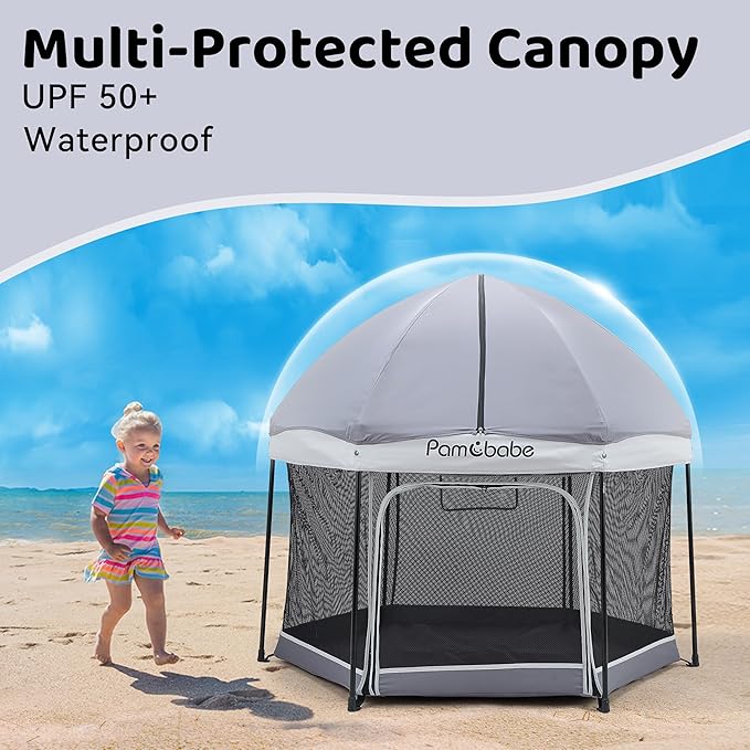 Pamo Babe Baby Playpen with Sun Protection Canopy - Indoor & Outdoor Play Yard for Babies and Toddlers - Baby Tent with Zipper Door