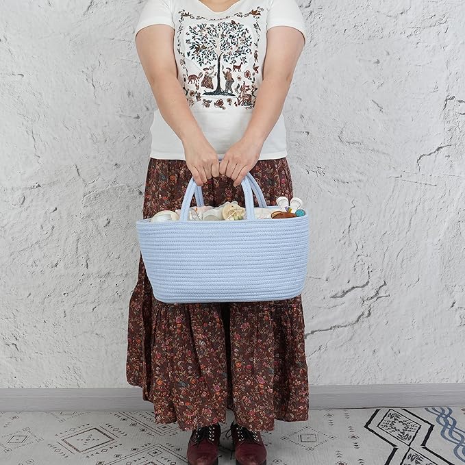 Diaper Caddy Organizer Cotton Rope Baby Basket Nursery Storage and Portable Tote Bag for Car Ideal Baby Shower Gifts and Registry Must-Have for Newborn Essentials Large blue