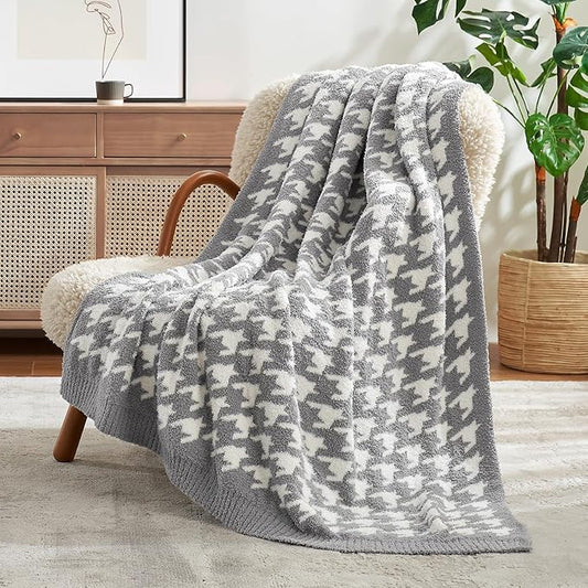 Snuggle Sac Houndstooth Throw Blanket for Couch, Reversible Super Soft Warm Blankets Cozy Knit Fuzzy Plush Lightweight Throws for Sofa, Bed, Camping, Grey,50x60 inches