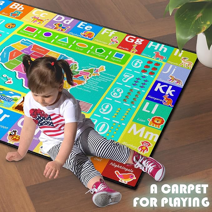 ABC Rug for Kids Playroom, 3x4 Washable Classroom Area Rugs, Educational Learning Mat with Alphabet Numbers Animals Seasons Shapes for Classroom Preschool Playroom