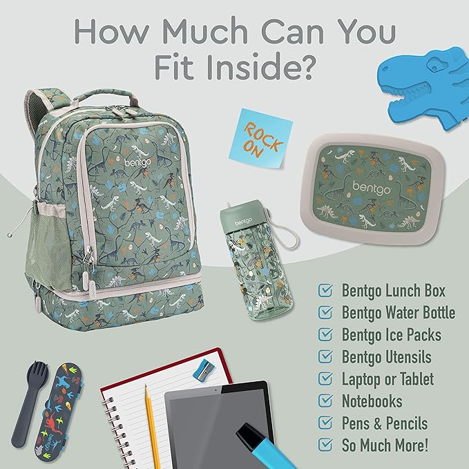 Bentgo Kids 2-in-1 Backpack & Insulated Lunch Bag - Durable 16” Backpack & Lunch Container in Unique Prints for School & Travel - Water Resistant, Padded & Large Compartments (Dino Fossils)