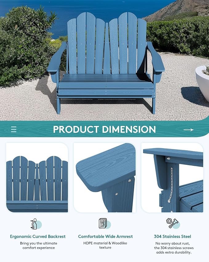 SERWALL 3 Pieces Patio Adirondack Bench Set, 2 Folding Adirondack Bench and 1 - Image 6