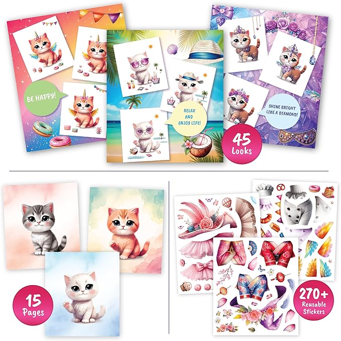 Sticker Dress Up Kitten - Kids Activity Book Learn Fashion Design for Kitten with Guides and 270+ Reusable Stickers. Gift for Girls Ages 5,6,7,8