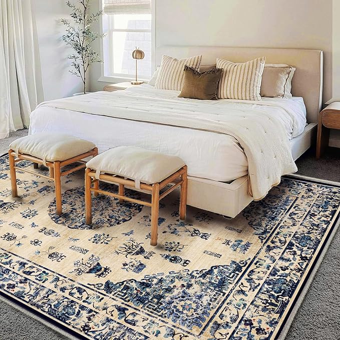 Washable Area Rug 9'x12' Retro Boho Design Non-Shedding Easy Care Ideal for High Traffic Areas in Living Room Bedroom Office Coffee Table Kitchen Large Carpet