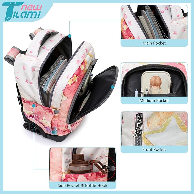 NEW TILAMI Girls 18 inch Rolling Backpack - Large Capacity, Waterproof, Adjustable Handle, Stylish Design, Ideal for School & Travel, Starshine