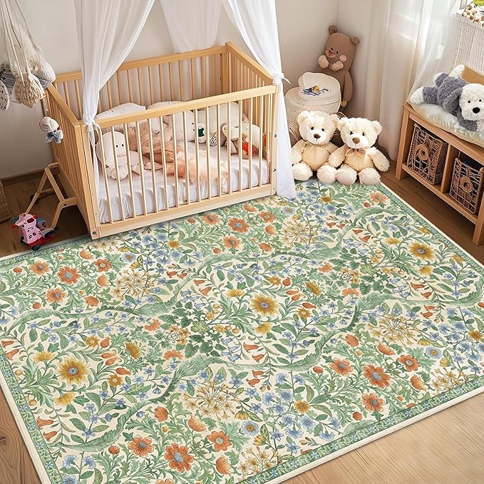 5×7 Grass Green Washable Floral Area Rug,Vintage Boho Soft Low-Pile Living Room Rugs, Stain Resistant Botanical Non-Slip Carpet for Bedroom,Dining Room, Kids Nursery,Home Decor
