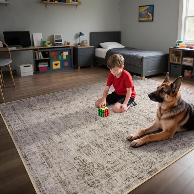6x9 Washable Area Rug for Living Room, Non-Slip Distressed Rugs for Bedroom Dinning Room, Ultra-Thin Indoor Non-Shedding Vintage Print Carpet for Farmhouse, Home Office, Dorm Light Taupe/Cream