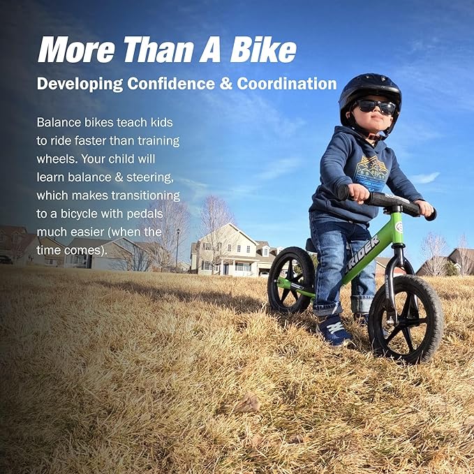 Strider 12” Sport Bike - No Pedal Balance Bicycle for Kids 1 to 4 Years - Includes Safety Pad, Padded Seat, Mini Grips & Flat-Free Tires - Tool-Free Assembly & Adjustments