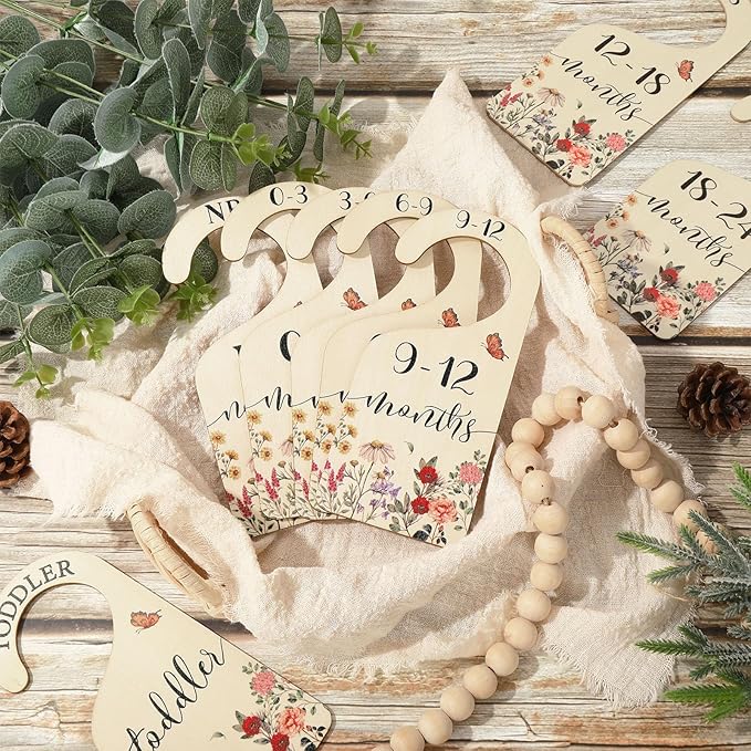 Whaline 8Pcs Vintage Wildflower Hanging Wood Baby Closet Size Dividers and Organizer - Newborn to 24 Months - Thicken Wardrobe Organizer for Home Nursery