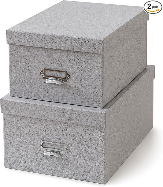 Soul & Lane Decorative Cardboard Storage Boxes with Lids, Set of 2 Stacking Keepsake Photo and Memory Boxes for Home & Office, Paperboard Organizers with Label Holders and Drawer Pulls, Cloud Gray