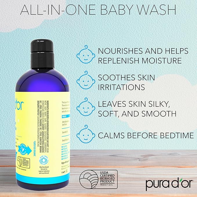 PURA D'OR All-in-One Baby Wash (16 Oz x2 = 32 Oz) USDA Biobased, Zero Sulfates, No Artificial Scents, Tear-Less, Hypoallergenic, Gentle, Calming 2-in-1 Baby Bath Wash & Shampoo
