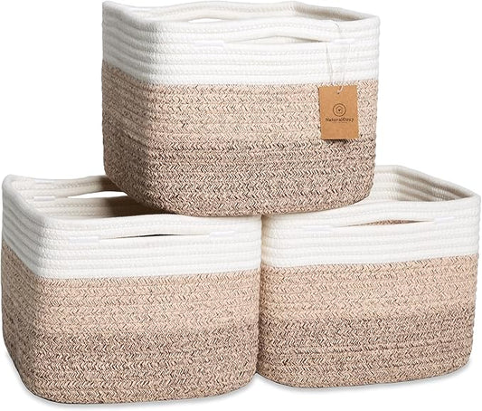 NaturalCozy Storage Cubes 9”x9”x7”Cotton Rope Woven Baskets for Organizing 3-Pack | 9 Inch Cube Storage Bin | Small Basket for Shelf Nursery, Pantry, Decorative Plant, Bathroom Closet, Toy Gift