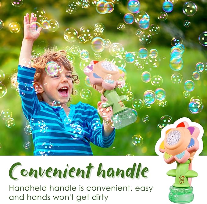 Sunflower Bubble Machine for Kids Automatic Flower Bubble Toy with Colorful Lighting for Toddlers Handheld 20000+Bubbles 3 Modes Fun Swing Dance Bubble Maker Blower Blaster Outdoor Toys Type-C Blue