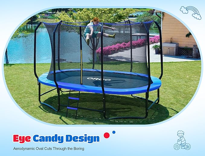ORCC 8 x 13 FT Oval Outdoor Trampoline with Safety Net - Recreational Gymnastics Trampoline for Kids, 1200LBS Capacity, Heavy-Duty Galvanized Steel Frame
