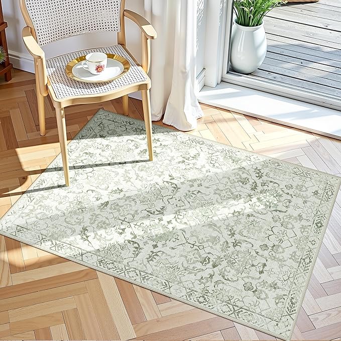 Sage Small Area Rug 2x3 Throw Rug for Entryway Bathroom Kitchen, Non-Slip Low-Pile Washable Distressed Modern Boho Floor Carpet for Laundry Room, Indoor Washstand Vanity Front Mat 24x36 Inch