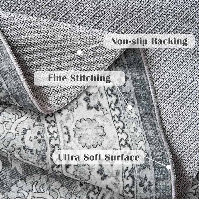 jinchan Round Rug 8ft Washable Circle Soft Rug - Low Pile Vintage 8'Round Indoor Grey Floral Print Stain Resistant Boho Carpet Ultra-Thin Non-Slip for Living Room Bedroom Dining Room Kitchen