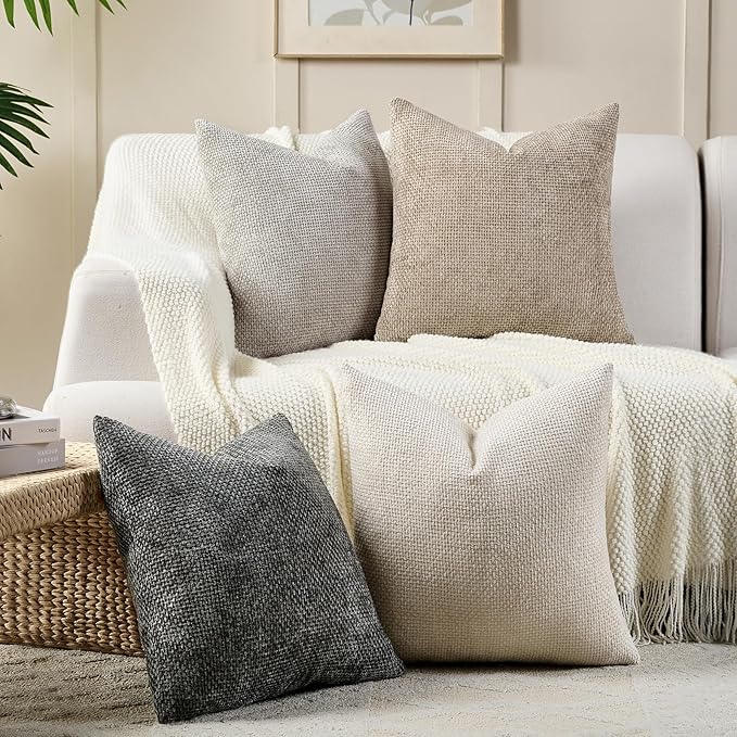 Volcanics Boho Throw Pillow Covers 20x20 Set of 4, Neutral Chenille Decorative - Image 4