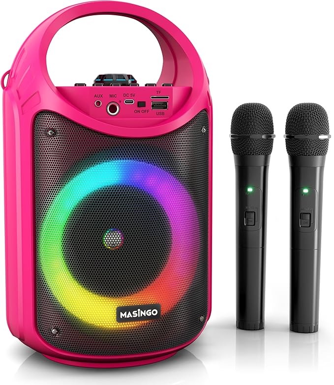 MASINGO Karaoke Machine for Kids and Adults with 2 Wireless Bluetooth Microphones, PA Portable Speaker with Colorful LED Lights, Supports TF Card/USB, AUX/MIC in, TWS for Home Party, Burletta C10 V2