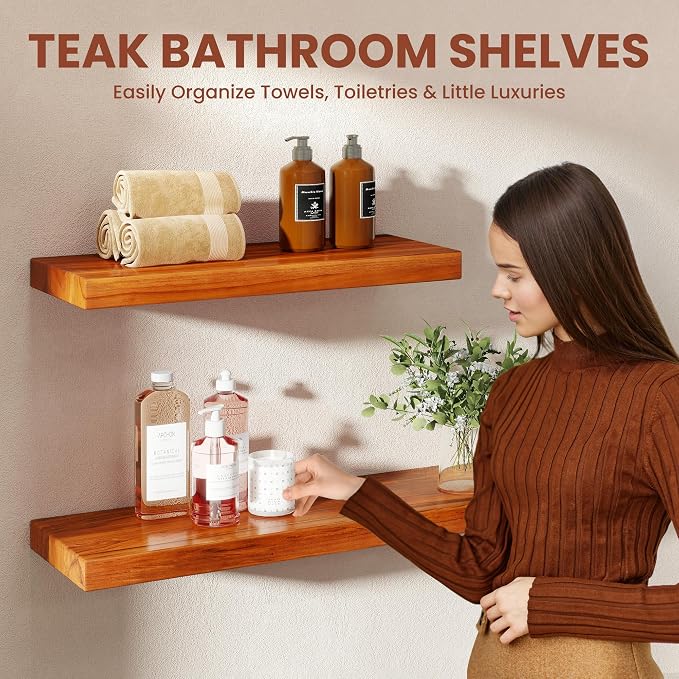 48" Solid Teak Floating Wall Shelf - Image 6