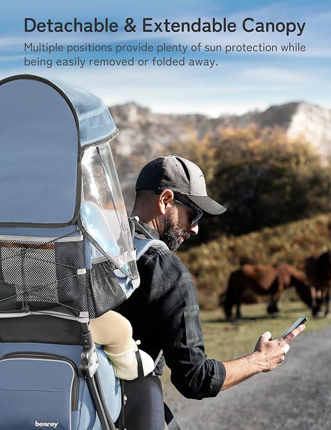 besrey Baby Backpack Carrier, Toddler Hiking Backpack with Safety 3-Height Seat, Adjustable Straps&Waist Belt, Foldable Frame Lightweight Large Capacity Child Carrier for Hiking (Haze Blue)