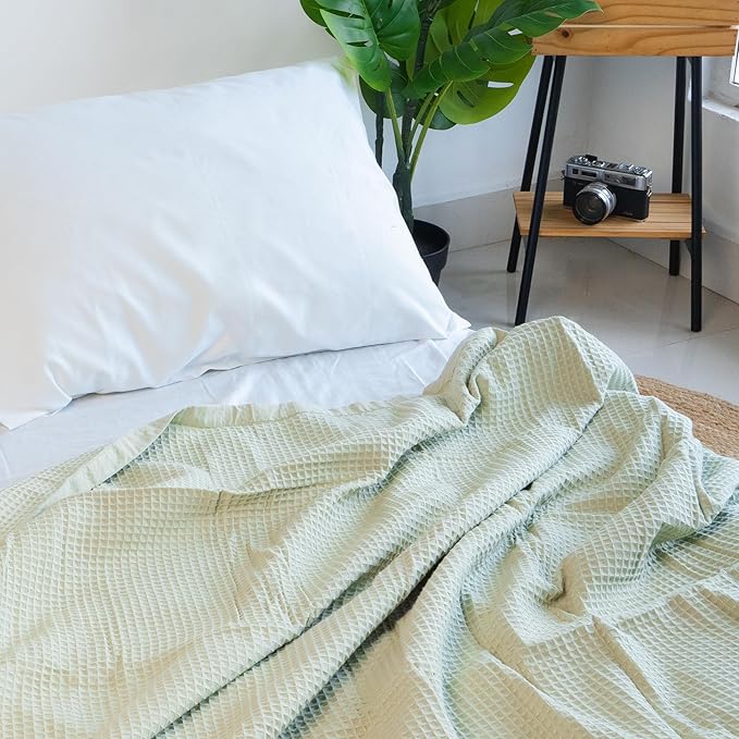 Salt Earth GOTS Certified 100% Organic Cotton Throw Blanket, 108" X 90" Waffle Blankets & Throws for Bed, Throw Blanket for Couch, Modern & Cozy Blanket, All Seasons, Comfy & Soft Blanket (Sea Foam)
