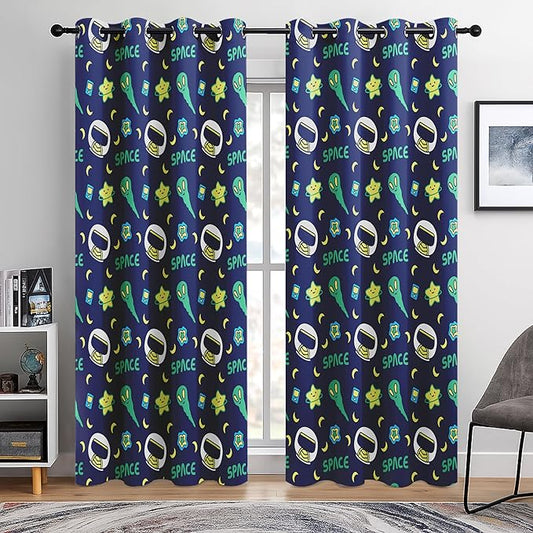 Kids Space Alien Blackout Curtains - 100% Blackout, Thermal Insulated, Noise Reducing, Perfect for Kids Room and Nursery, 2 Panels (Friendly Alien, W52×L84)