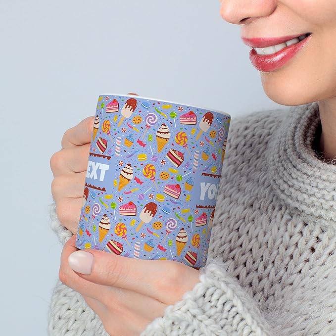 Personalized Mug for Kids - Sweets - Custom Name/Text, Ceramic Hot Chocolate/Cocoa/Coffee Cup for Boys/Girls, Birthday/Christmas/Holiday Gift - 11 oz, White Handle