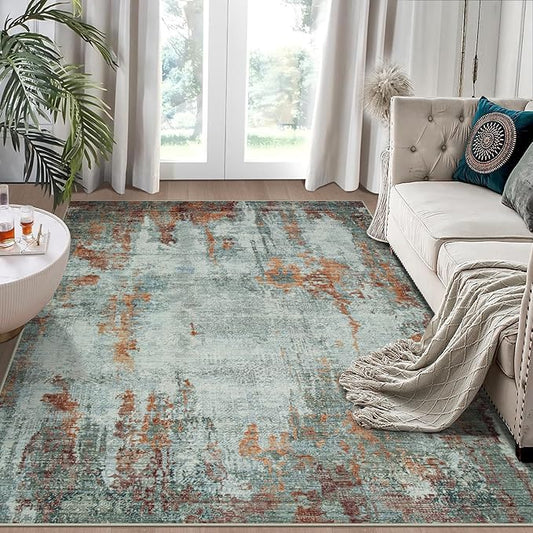 4x6 Area Rugs for Living Room Rug Washable: Modern Large Rug for Dining Room Bedroom Carpet Non Slip Low Pile 4 by 6 Indoor Abstract Nursery Home Office Red Brown