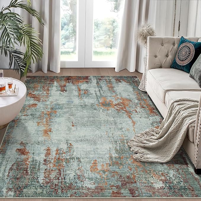 5x7 Area Rugs for Living Room Rug Washable: Modern Rug for Dining Room Bedroom Carpet Non Slip Low Pile 5 by 7 Indoor Abstract Nursery Home Office Red Brown