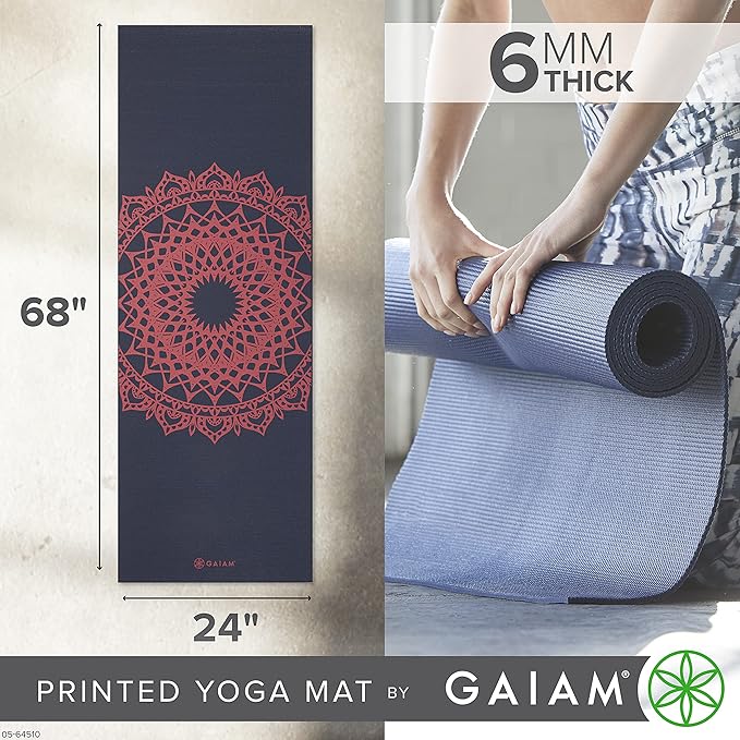 Gaiam Yoga Mat - Premium 6mm Print Extra Thick Non Slip Exercise & Fitness Mat for All Types of Yoga, Pilates & Floor Workouts (68"L x 24"W x 6mm Thick)