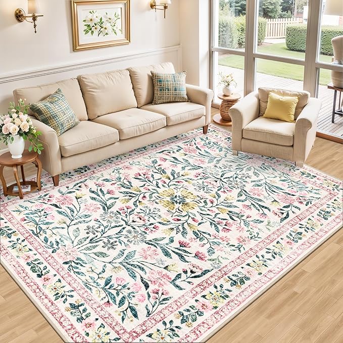 Area Rugs 9x12 Living Room: Floral Washable Rug Vintage Large Soft Boho Non-Slip Carpet Indoor Stain Resistant Low Pile Carpets for Bedroom Dining Room Farmhouse Nursery Hallway Home Office Pink Green