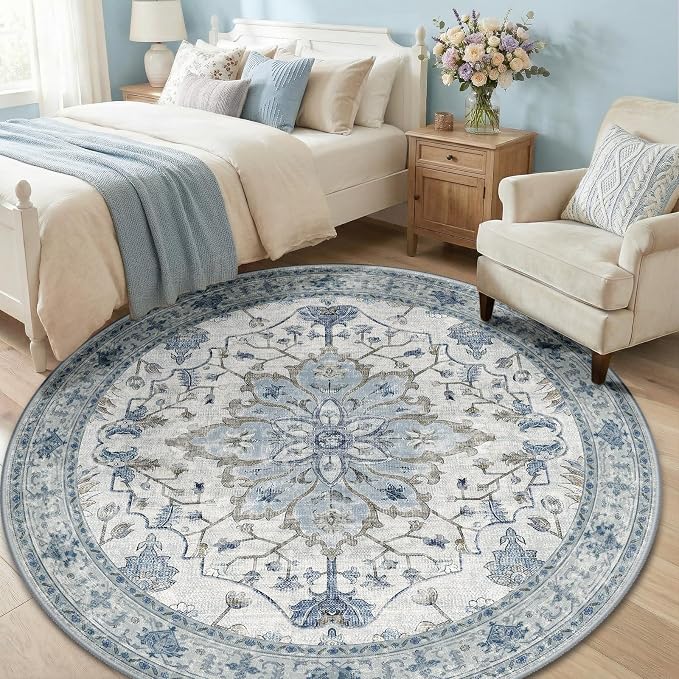 RELEANY Area Rugs Round 6ft Washable Non-Slip, Floral Vintage Distress Print - Image 3