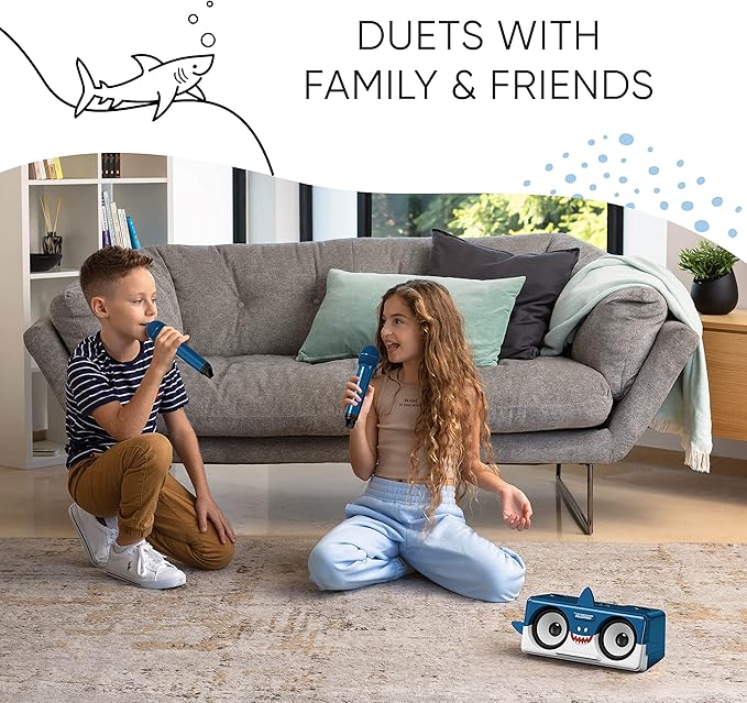 MASINGO Shark Karaoke Machine for Kids, Children and Toddlers with 2 Wireless Bluetooth Microphones, Portable PA Speaker Includes Lyrics Display Phone Holder, TV Cable and Singer Vocal Removal Mode
