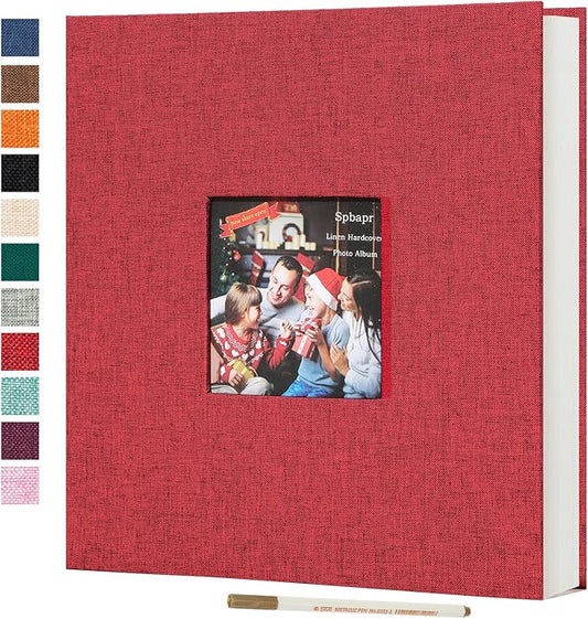 Spbapr Large Photo Album Self Adhesive 3x5 4x6 5x7 8x10 Pictures Magnetic Scrapbook 40 Blank Pages Linen Cover DIY Album with A Metal Pen Red