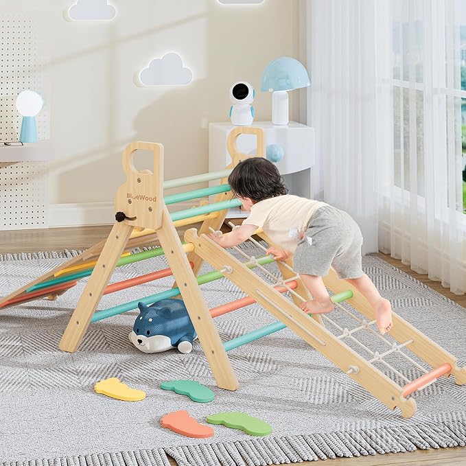 BlueWood 10-in-1 Pikler Triangle Set, Toddler Climbing Toys Indoor, Montessori Climber, Baby Jungle Gyms with Arch, Extra Rope Ladder & Footprint Balance Beam - Rose Garden