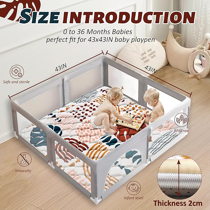 Baby Play Mats for Floor, 43x43 Playpen Mat for Babies, Extra Thicker & Soft Floor Crawling Mat, Foldable Non-Slip Playmat Cushioned for Infants Toddlers, Boho Leaf Design