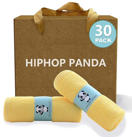 HIPHOP PANDA Baby Washcloths, Rayon Made from Bamboo - 2 Layer Ultra Soft Absorbent Newborn Bath Face Towel - Reusable Baby Wipes for Delicate Skin - Yellow, 30 Pack
