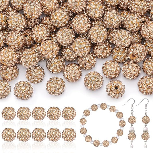 200pcs 10mm Rhinestone Beads for Jewelry Making, Light Brown Shiny Round Disco Ball Beads Bulk, Sparkle Crystal Clay Christmas for Bracelet Baseball Necklace Earring Crafting and DIY