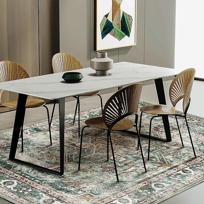 6'x9' Green Washable Area Rug Boho Chic Medallion Distressed Design Non-Shedding Easy Care Ideal for High Traffic Areas in Living Room Bedroom Office Kitchen Coffee Table Large Carpet