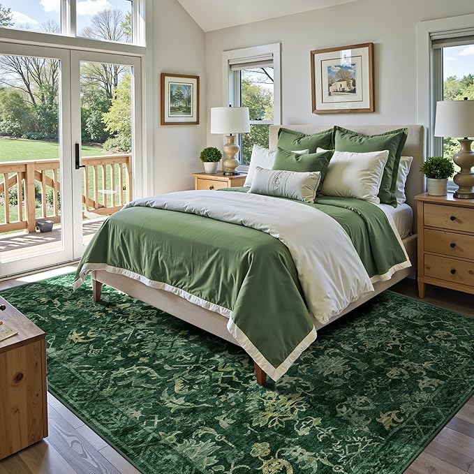 Deerly Dark Green Area Rugs 10x12 for Living Room Soft Non-Slip, Large Bedroom Rug Vintage Dining Room Rug Tribal Farmhouse Carpet for Dining Room Office Green