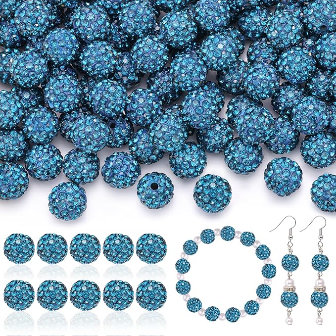 200pcs 10mm Rhinestone Beads for Jewelry Making, Blue Zircon Shiny Round Disco Ball Beads Bulk, Sparkle Crystal Clay Christmas for Bracelet Baseball Necklace Earring Crafting and DIY