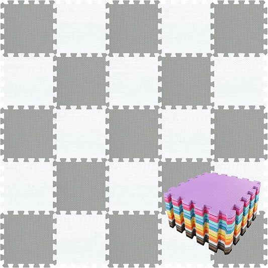 qqpp EVA Rubber 18 Tiles Interlocking Puzzle Foam Floor Mats - Baby Play Mat for Playing | Exercise Mat for Home Workout. White, Gray. QC-ALb18N